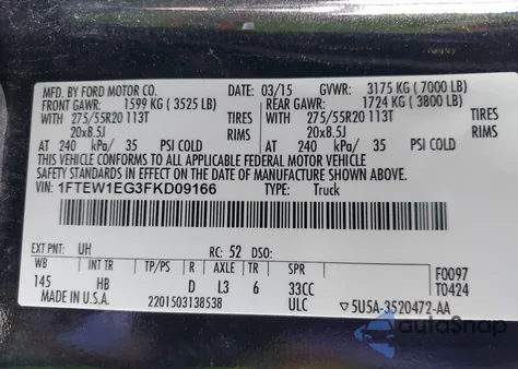 2015 Ford F-150 Lariat from USA, damaged, VIN 1FTEW1EG3FKD09166